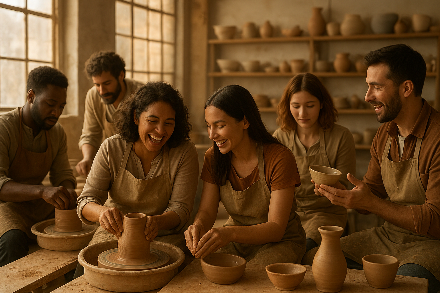 A team working together at a pottery workshop, shaping clay and laughing